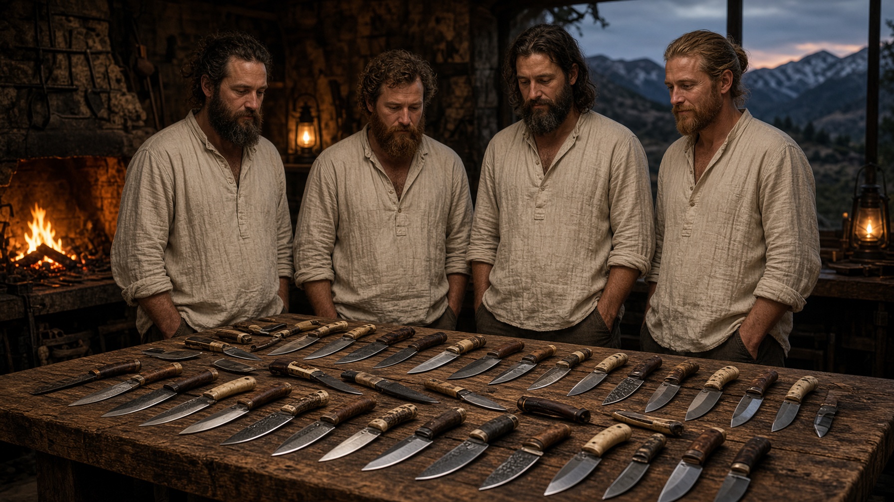 Colorado bladesmiths around a table of finished steel