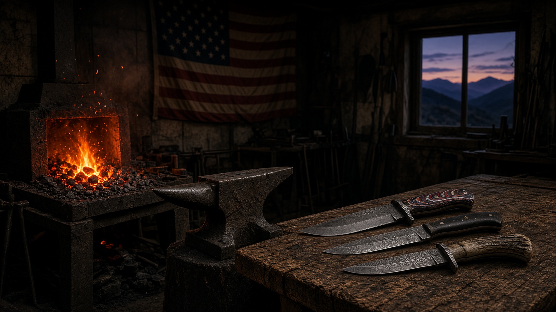 Colorado forge at dusk, anvil and custom blades on the bench